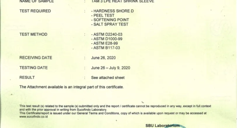Our Product & Service TAM sebagai manufacture HSS (Heat Shrink Sleeve) <b>MELT STICK</b> 6 pengujian_hardness_shore_d_peel_test_softening_point_salt_spray_tam_3lpe_heat_shrink_sleeve_001